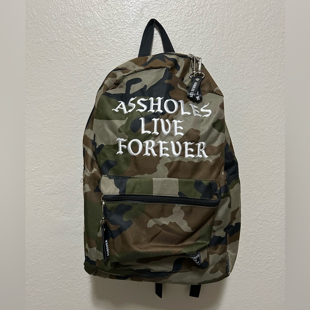 Assholes Live Forever Camo Backpack – NWOT, Embroidered Streetwear Graphic Bag